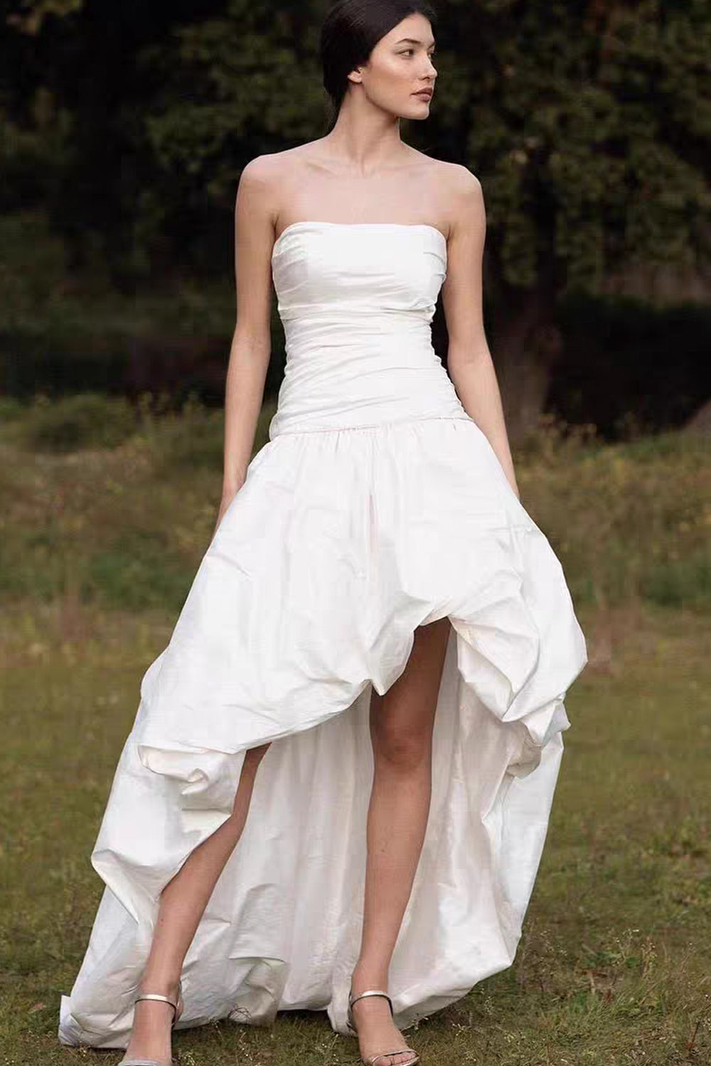 Pleating Strapless Satin Hi-low A-line Peplum Skirt Wedding Dresses ,CW0436