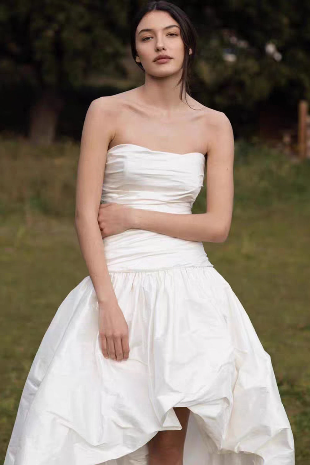 Pleating Strapless Satin Hi-low A-line Peplum Skirt Wedding Dresses ,CW0436