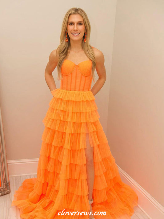 Pleating Tulle Orange Spaghetti Strap Tiered A-line With Side Slit Prom Dresses, CP1133
