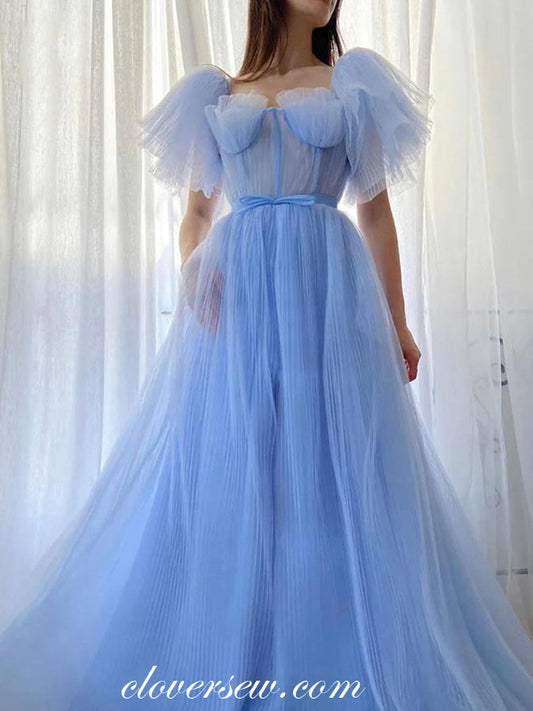 Pleating Tulle Pale Blue Short Puffy Sleeves A-line Charming Prom Dresses, CP1089