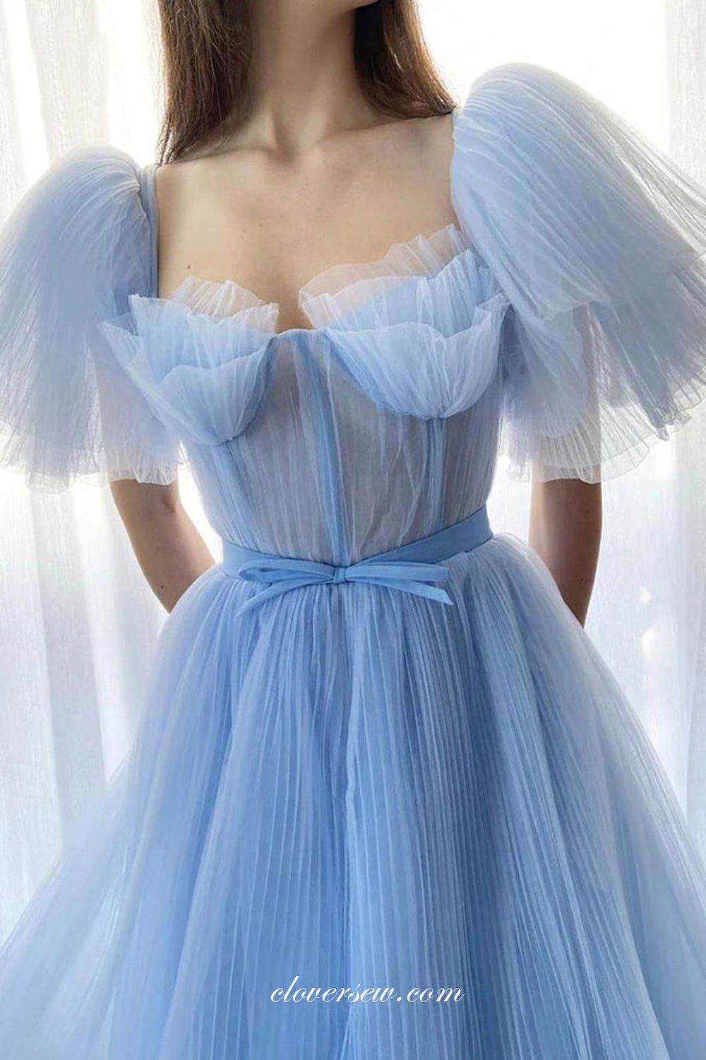 Pleating Tulle Pale Blue Short Puffy Sleeves A-line Charming Prom Dresses, CP1089