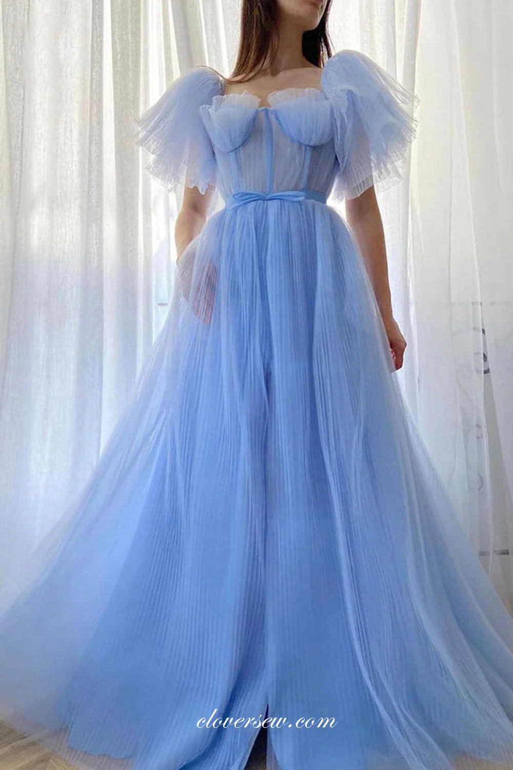 Pleating Tulle Pale Blue Short Puffy Sleeves A-line Charming Prom Dresses, CP1089