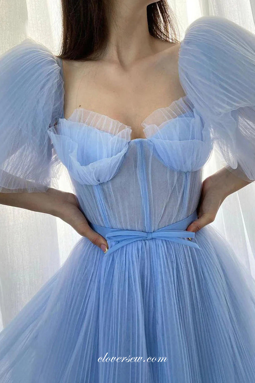 Pleating Tulle Pale Blue Short Puffy Sleeves A-line Charming Prom Dres clover sew Pleating Tulle Pale Blue Short Puffy Sleeves A-line Charming Prom Dres clover sew