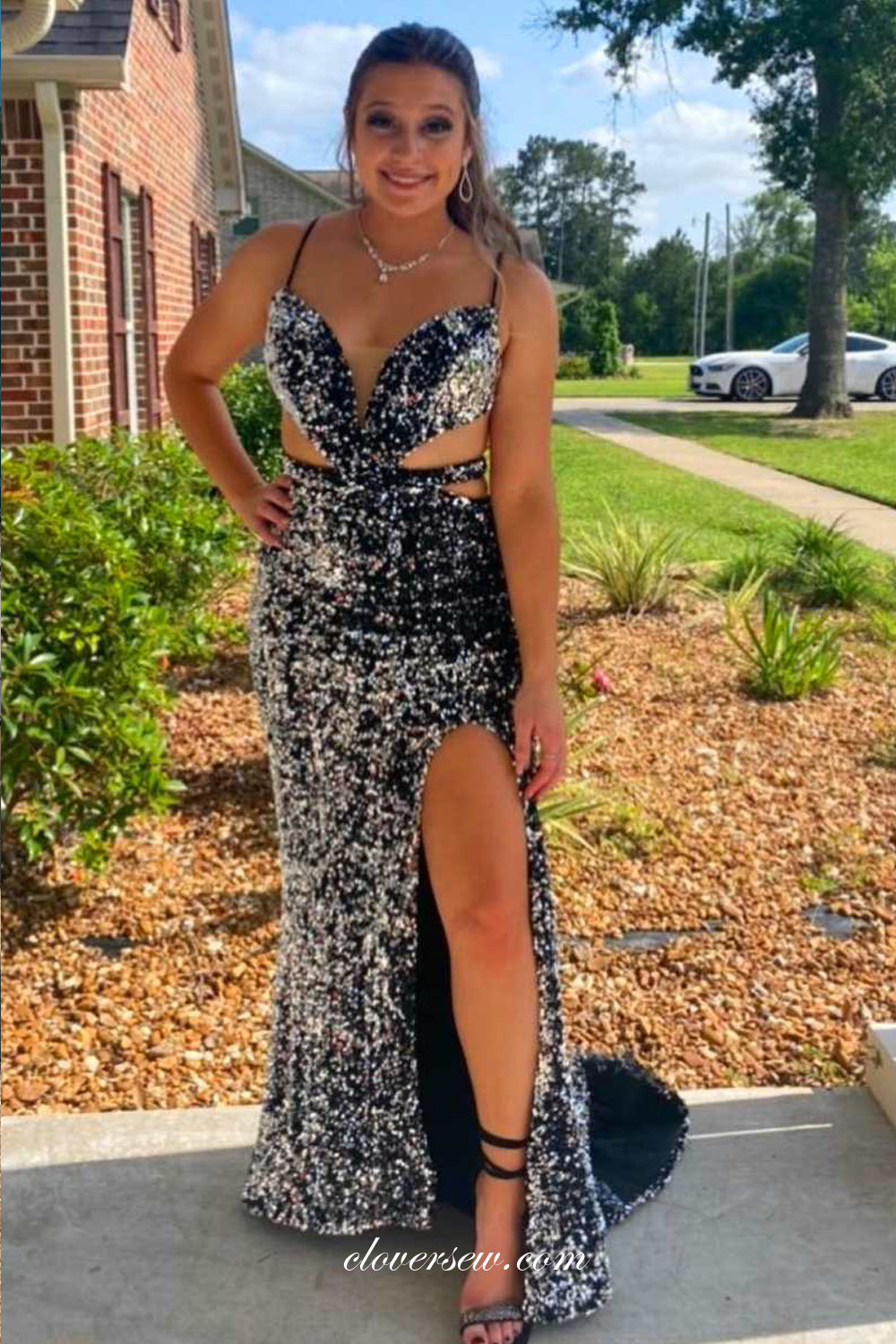 Plus Size Black Sequin Sleeveless Open Back Mermaid With Slit Shiny Prom Dresses, CP1078