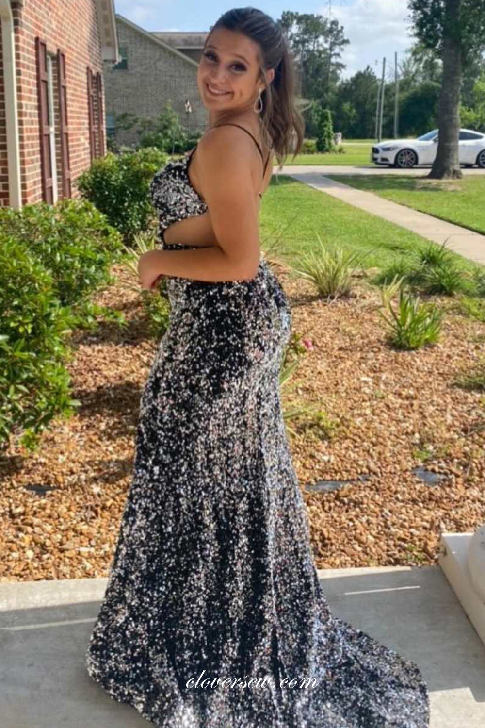 Plus Size Black Sequin Sleeveless Open Back Mermaid With Slit Shiny Prom Dresses, CP1078