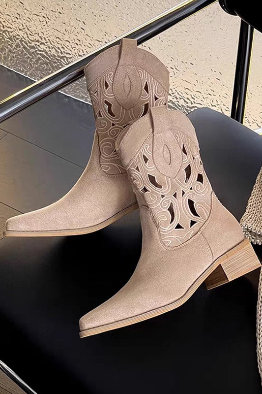 Pointed Hollow Embroidered Block Heel Leather Western Boots