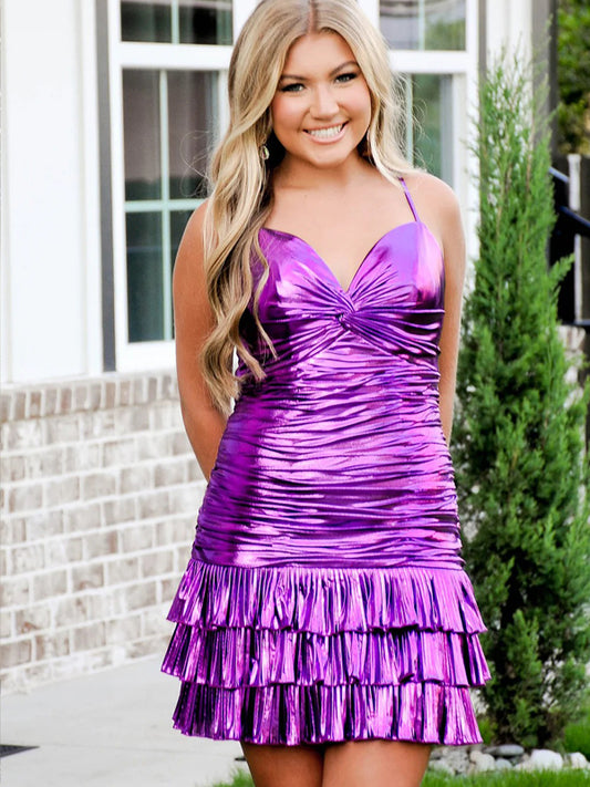 Purple Metallic Satin Spaghetti Strap Pleating Tiered Sheath Homecoming Dresses, CH0121