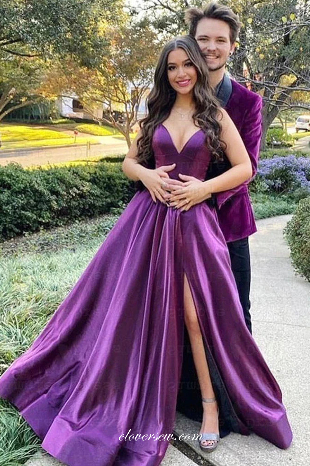 Purple Satin V-neck A-line With Side Slit Fashion Prom Dresses, CP1066 Purple Satin V-neck A-line With Side Slit Fashion Prom Dresses, CP1066