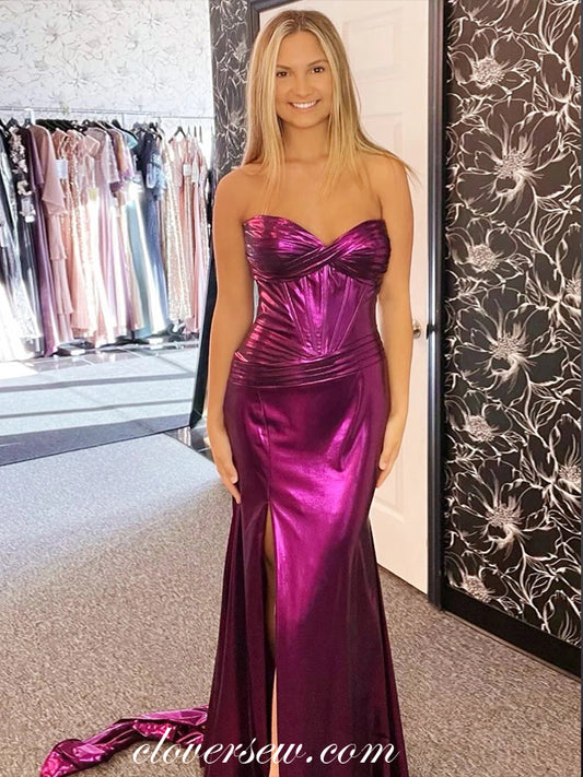 Purple Strapless Pleating Shiny Satin Mermaid With Slit Prom Dresses, CP1037