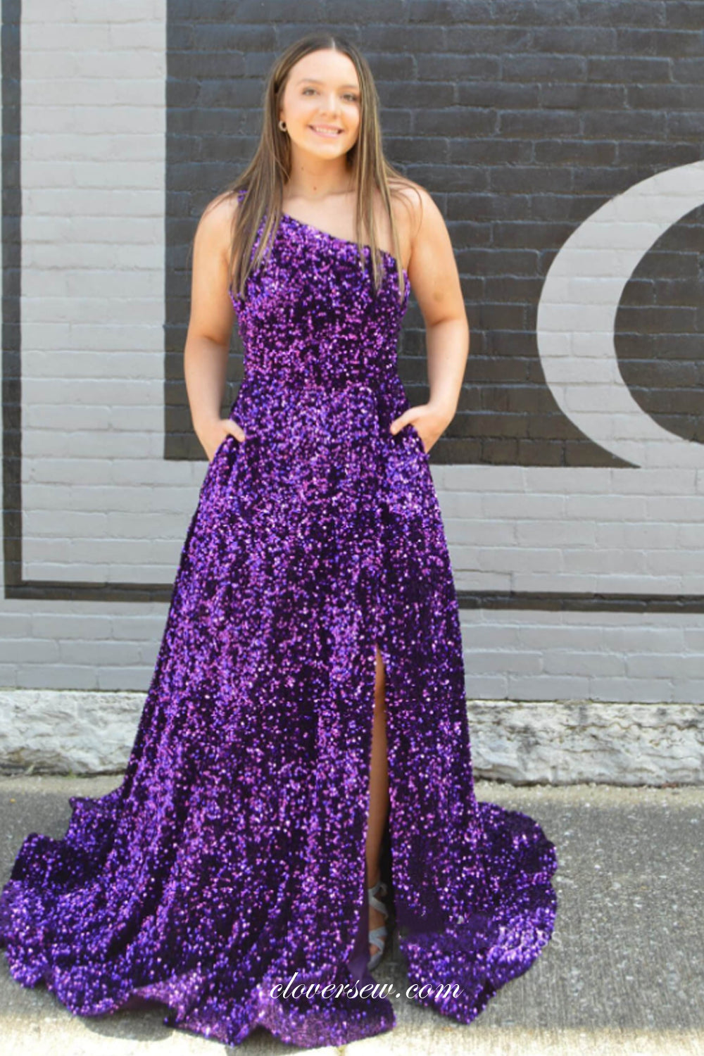 Purple Sequin One Shoulder A-line With Side Slit Plus Shiny Prom Dresses, CP1076