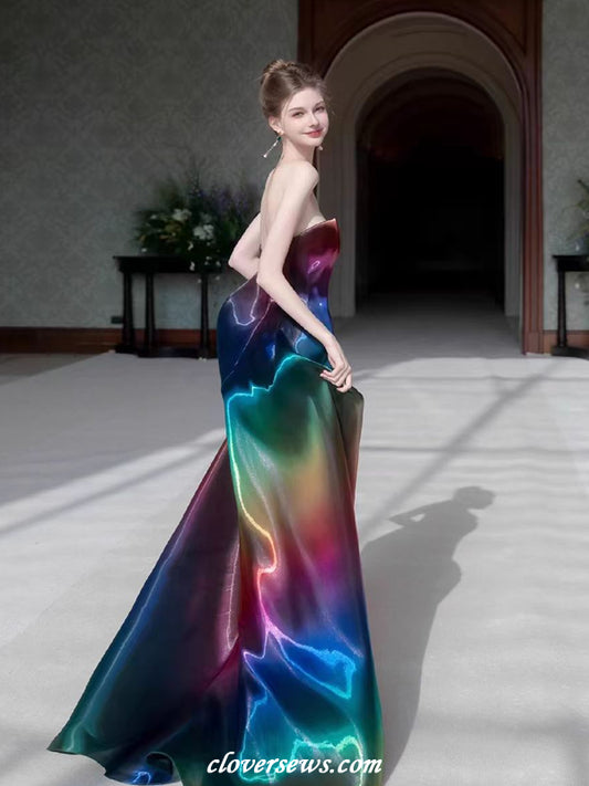 Rainbow Shiny Satin Strapless A-line Sparkly Prom Dresses, CP1144