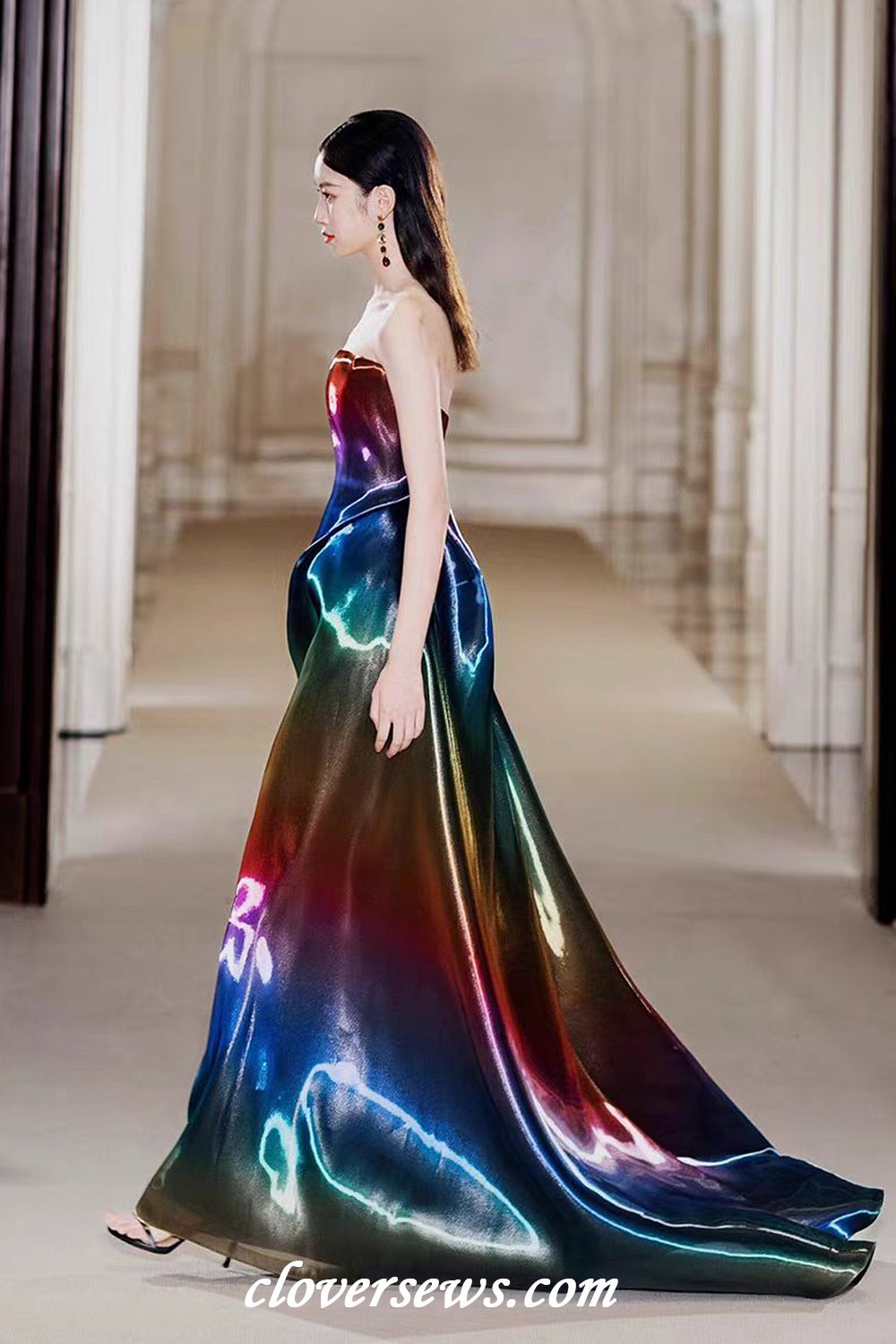 Rainbow Shiny Satin Strapless A-line Sparkly Prom Dresses, CP1144