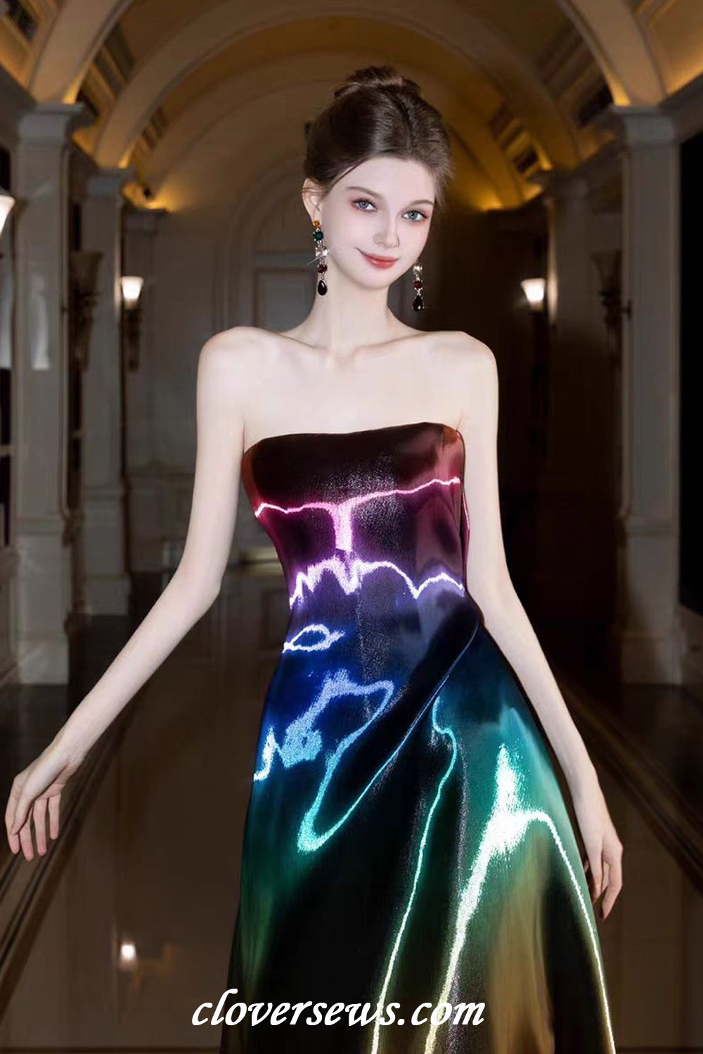 Rainbow Shiny Satin Strapless A-line Sparkly Prom Dresses, CP1144