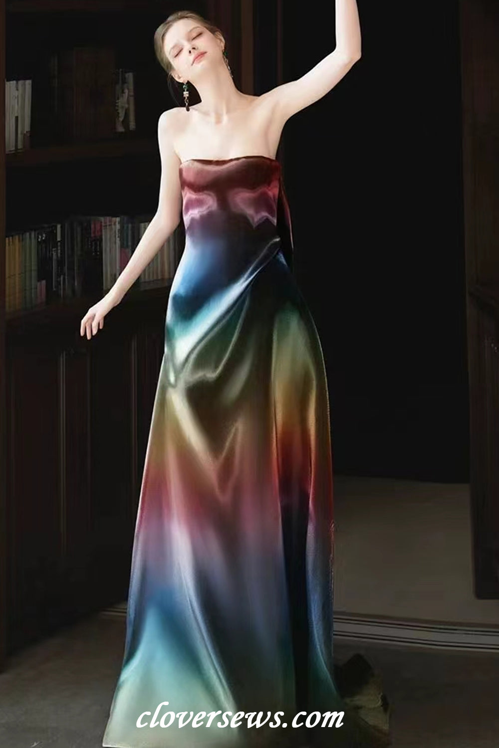 Rainbow Shiny Satin Strapless A-line Sparkly Prom Dresses, CP1144