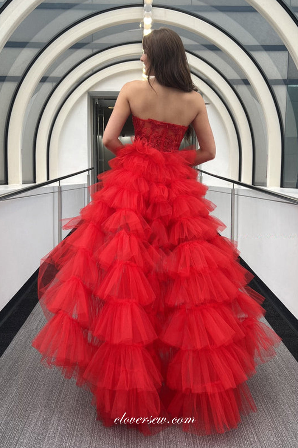 Red Beads Lace Sweetheart Tulle Strapless Tiered High Low Prom Dresses clover sew Red Beads Lace Sweetheart Tulle Strapless Tiered High Low Prom Dresses clover sew