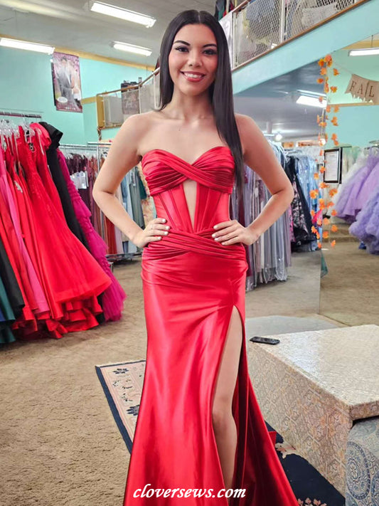 Red Elastic Satin Pleating Sweetheart Strapless Mermaid High Slit Modern Prom Dresses, CP1161