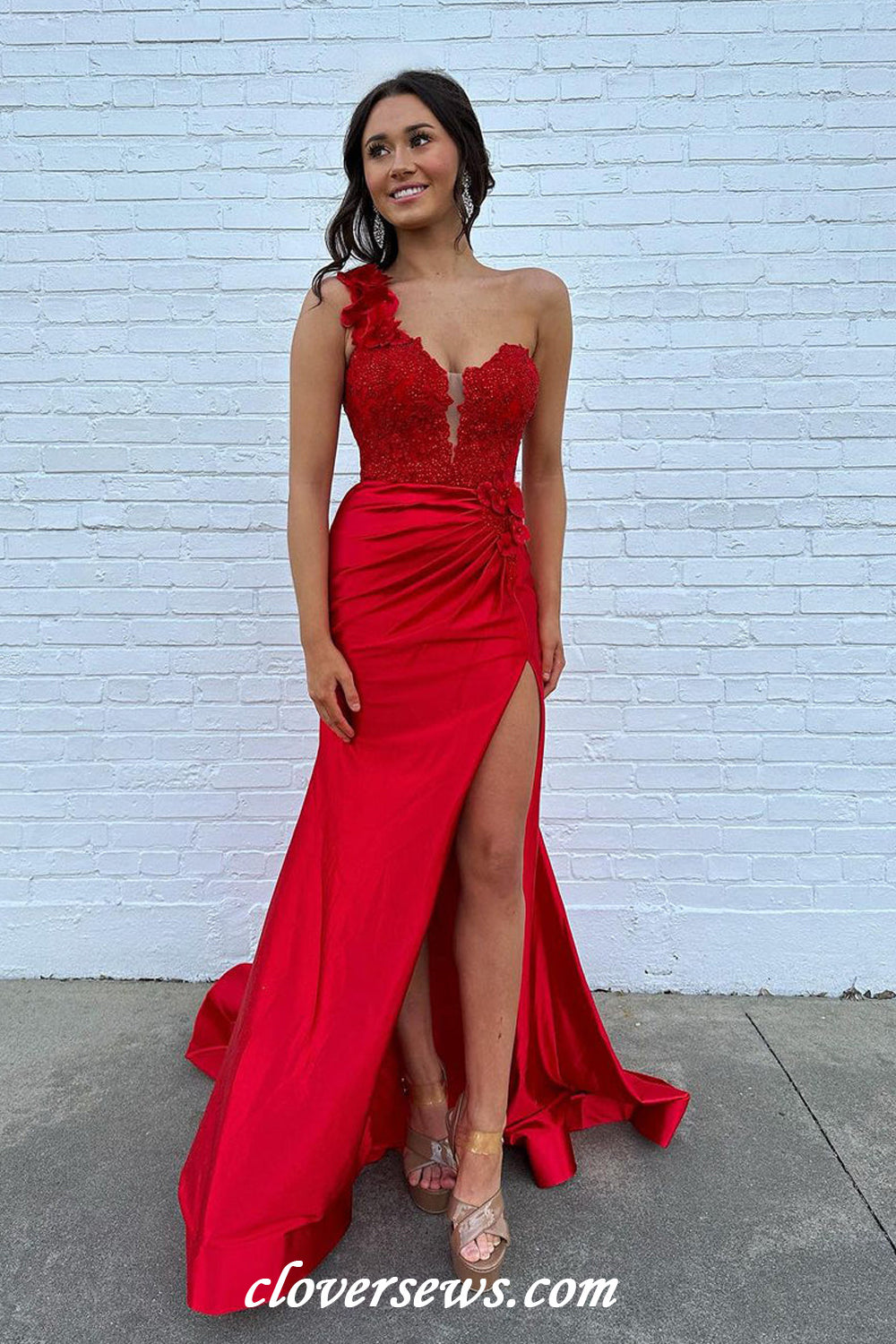 Red Lace Applique 3D Flowers One Shoulder Mermaid With Slit Prom Dresses, CP1134