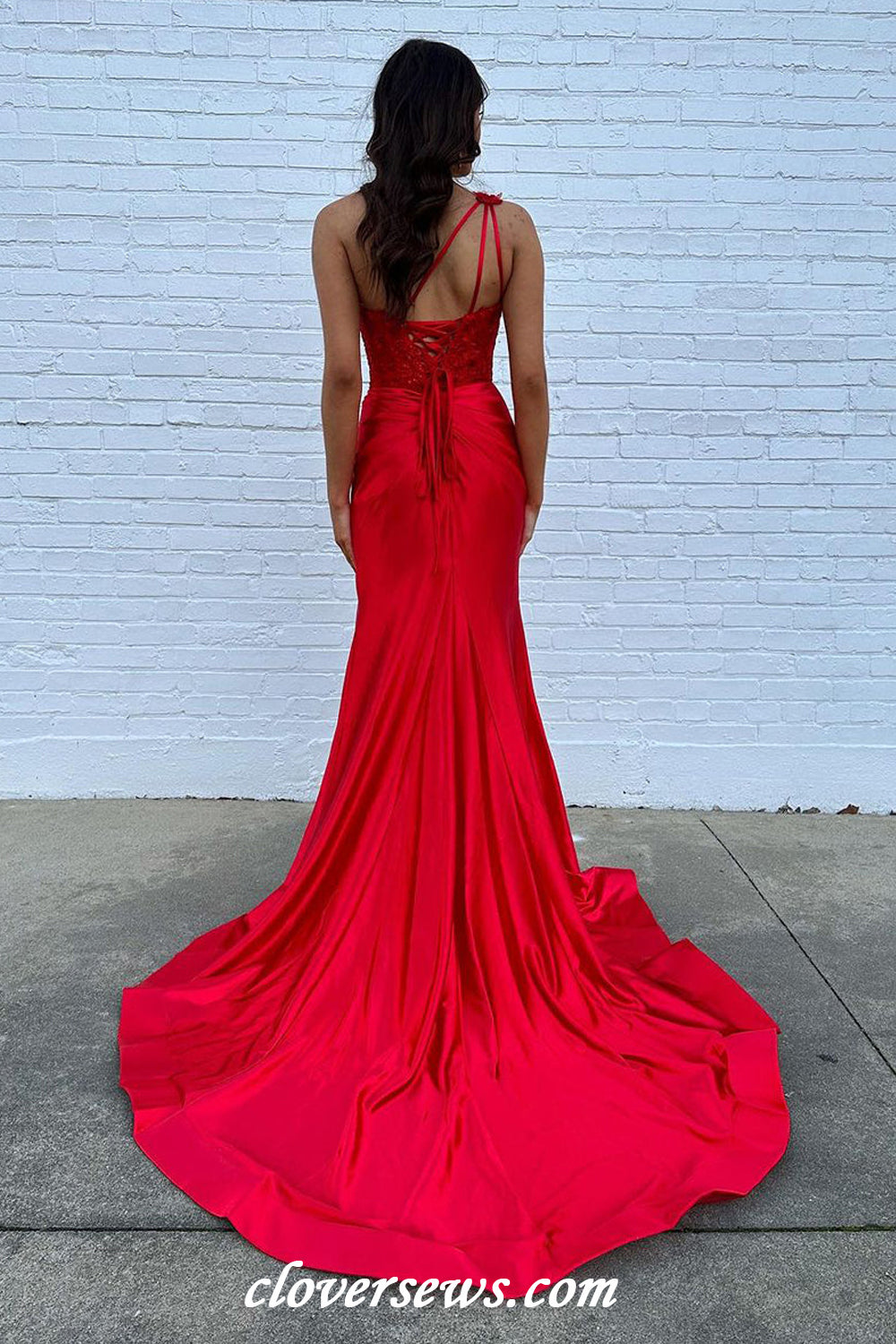 Red Lace Applique 3D Flowers One Shoulder Mermaid With Slit Prom Dresses, CP1134