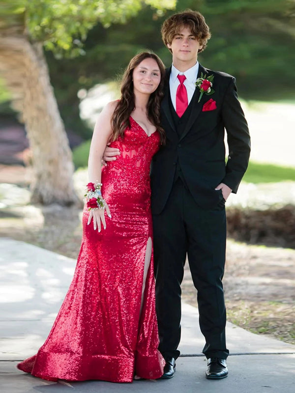 Red Lace Applique Sequin Lace-Up Back Mermaid Shiny Prom Dresses, CP1086