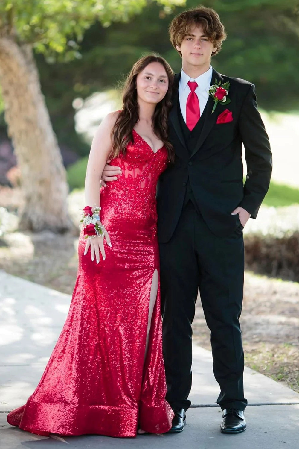 Red Lace Applique Sequin Lace-Up Back Mermaid Shiny Prom Dresses, CP1086