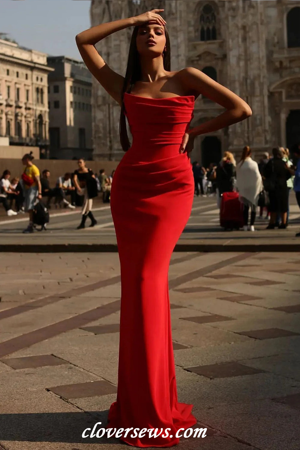 Red Satin Pleating Strapless Mermaid Charming Formal Dresses, CP1154