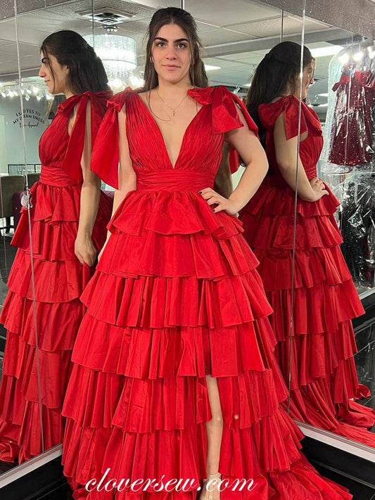 Red Satin Sleeveless V-neck Tiered A-line With Side Slit Prom Dresses, CP1126