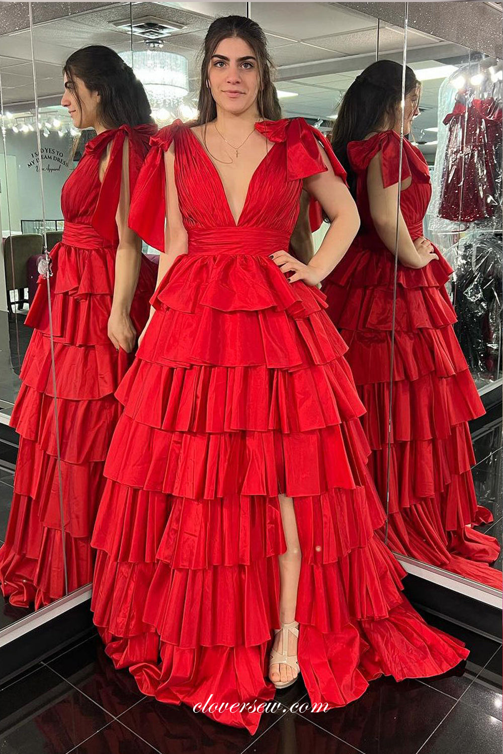 Red Satin Sleeveless V-neck Tiered A-line With Side Slit Prom Dresses, CP1126