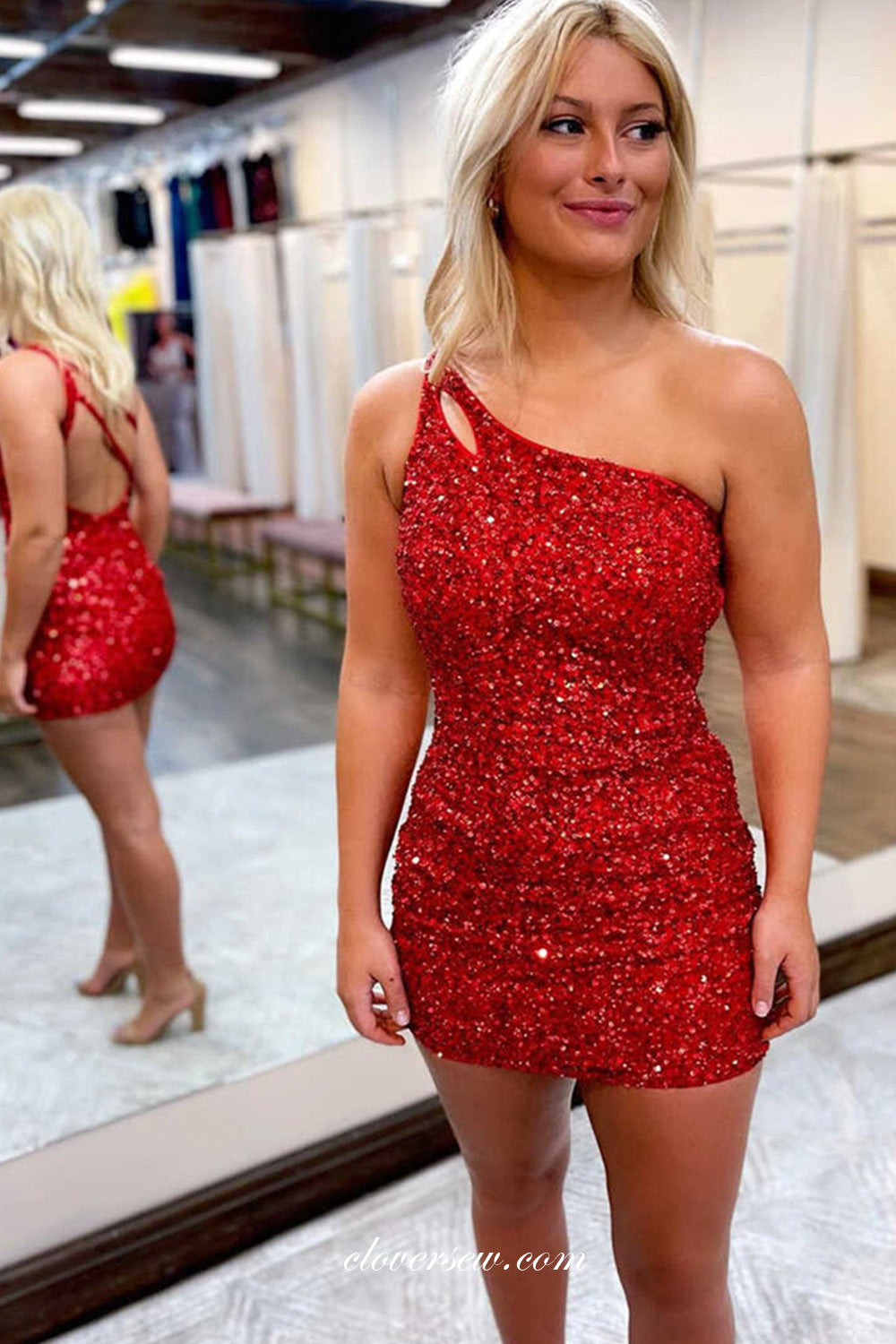 Red Sequin One Shoulder Open Back Sheath Short Fashion Dresses, CH0075