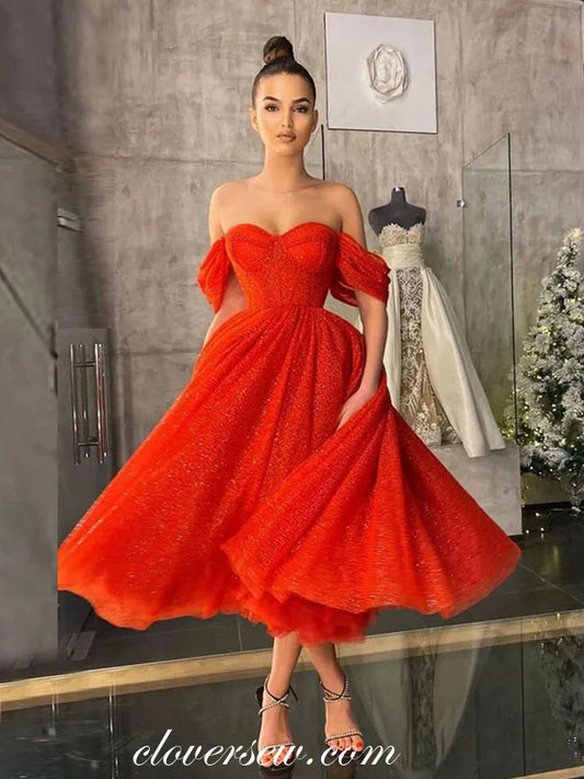 Red Shiny Glitter Tulle Off The Shoulder A-line Tea Length Prom Dresses, CP1084