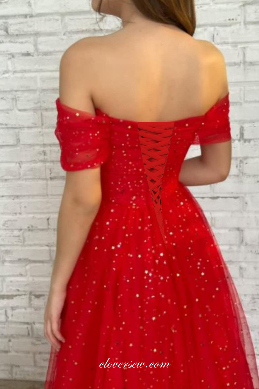 Red Shiny Glitter Tulle Off The Shoulder A-line Tea Length Prom Dresse clover sew Red Shiny Glitter Tulle Off The Shoulder A-line Tea Length Prom Dresse clover sew