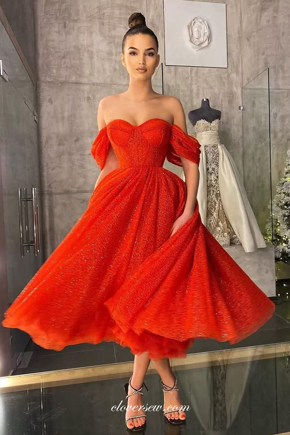 Red Shiny Glitter Tulle Off The Shoulder A-line Tea Length Prom Dresses, CP1084