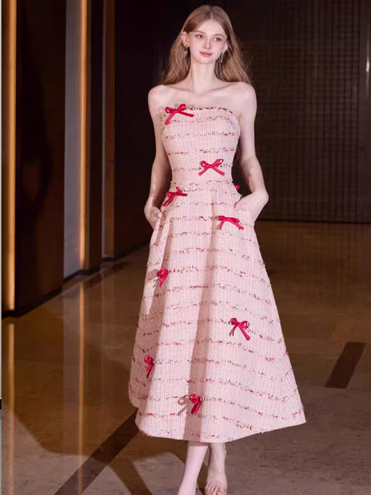 Romantic Strapless Gown with Playful Bows Pink Ankle Length Prom Dresses, CP1072