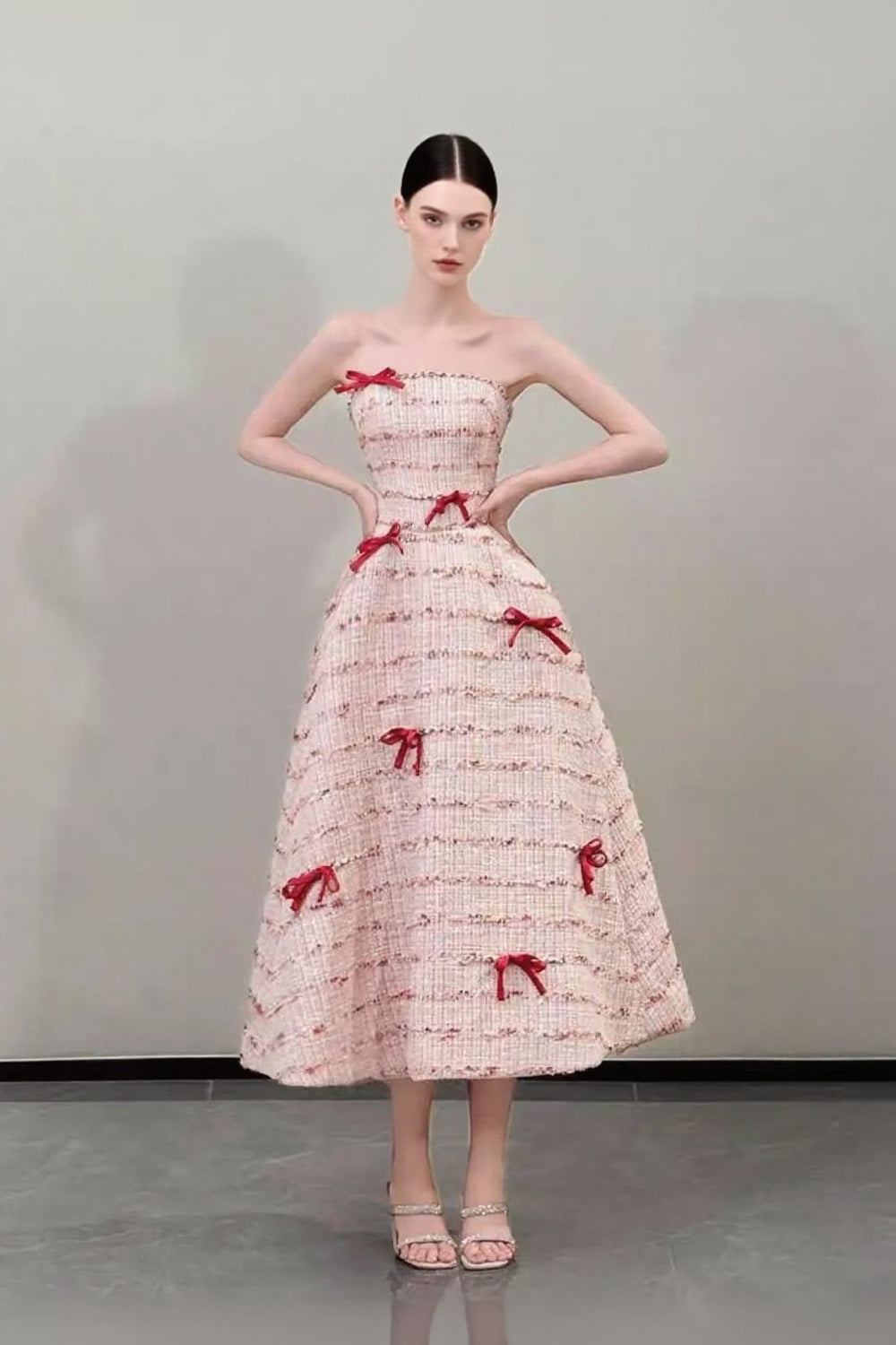 Romantic Strapless Gown with Playful Bows Pink Ankle Length Prom Dresses, CP1072