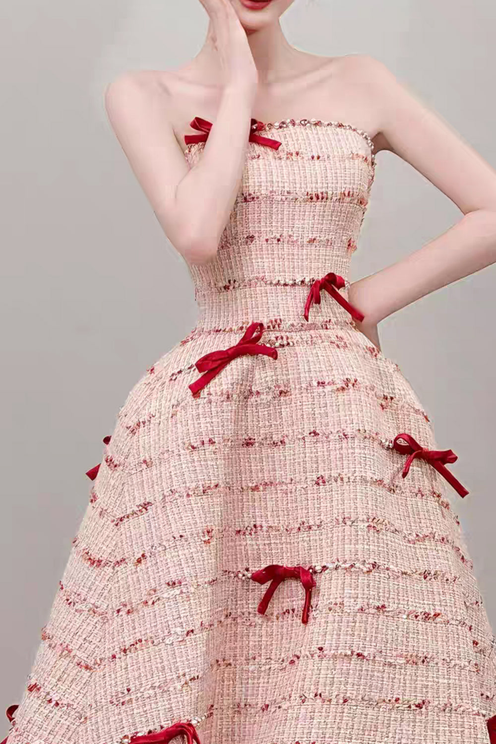 Romantic Strapless Gown with Playful Bows Pink Ankle Length Prom Dresses, CP1072