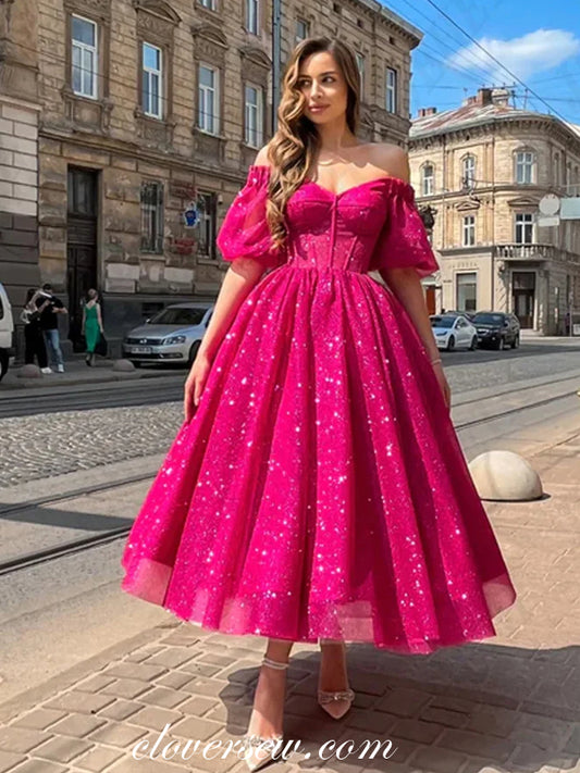 Rose Pink Glitter Tulle Half Sleeves Off The Shoulder Shiny Prom Dresses, CP1086