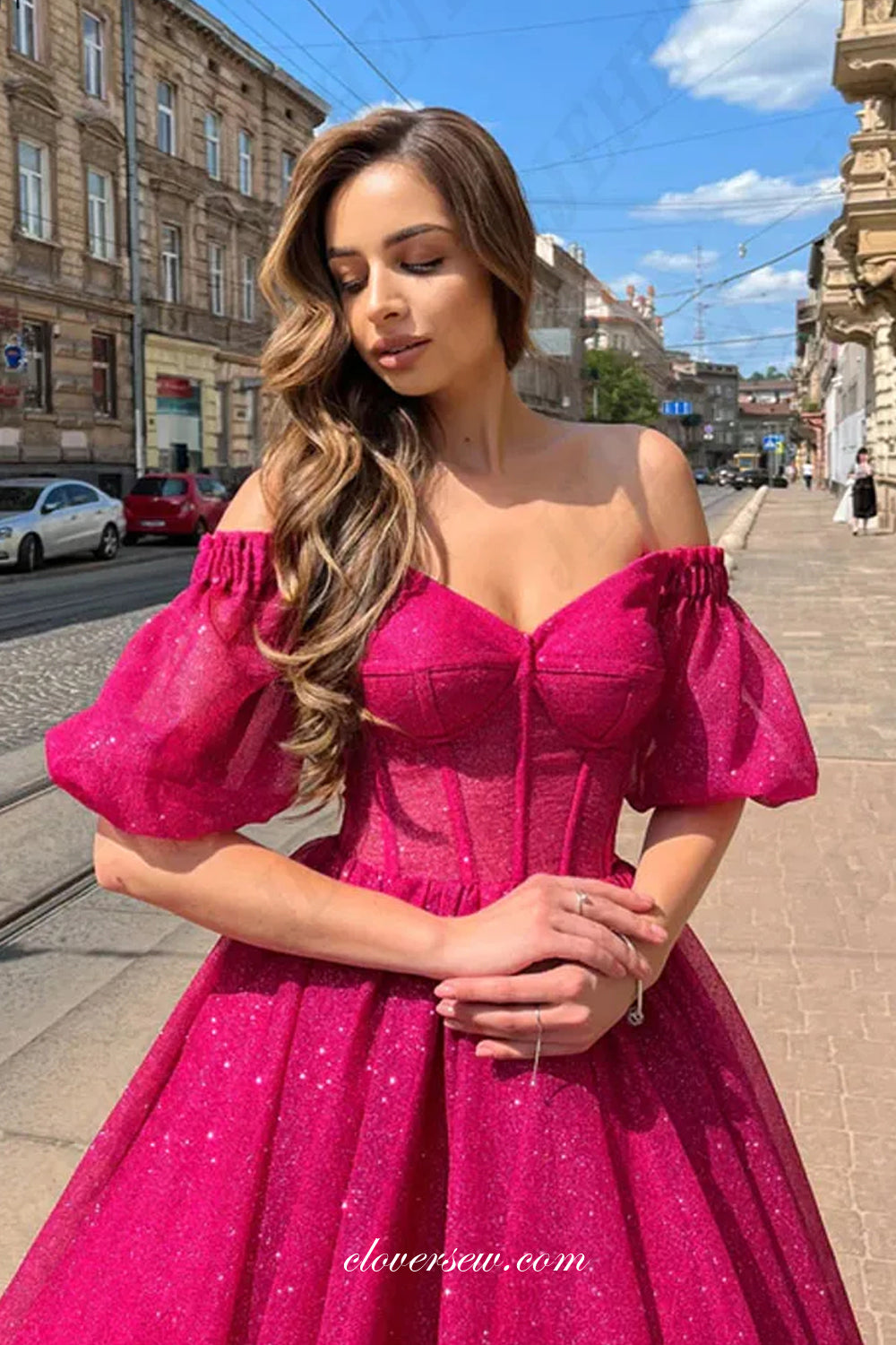 Rose Pink Glitter Tulle Half Sleeves Off The Shoulder Shiny Prom Dress clover sew Rose Pink Glitter Tulle Half Sleeves Off The Shoulder Shiny Prom Dress clover sew