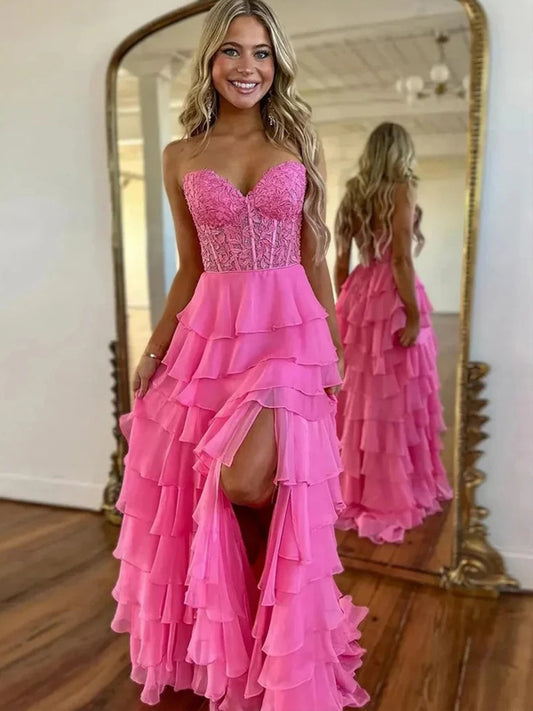 Rose Pink Lace Organza Strapless A-line Ruffles Tiered Prom Dresses, CP1057