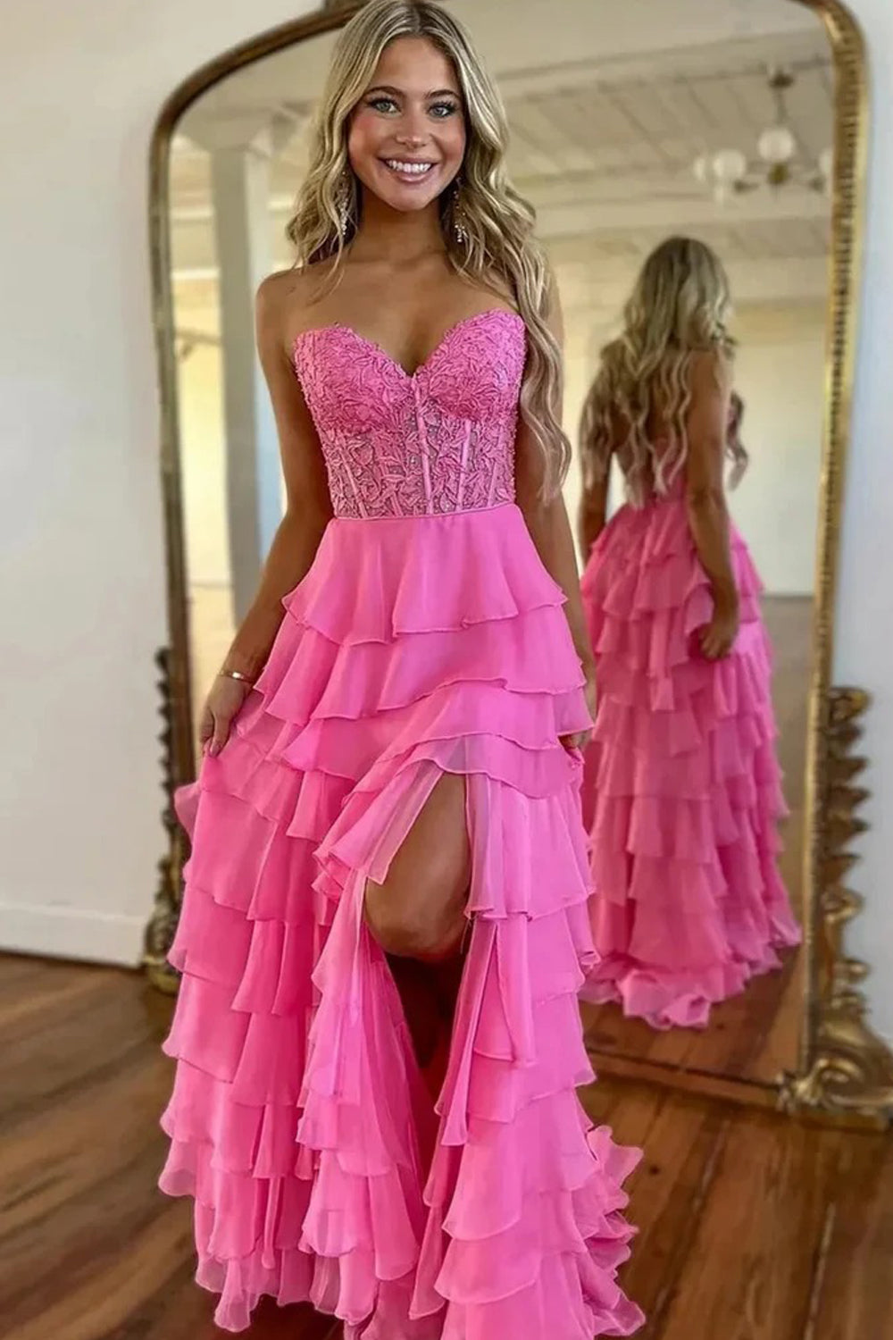 Rose Pink Lace Organza Strapless A-line Ruffles Tiered Prom Dresses, CP1057