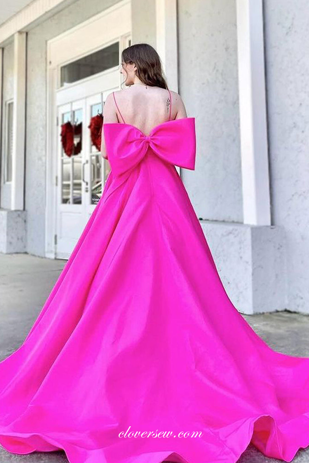 Rose Pink Satin Sleeveless With Big Bowknot Back A-line Prom Dresses, CP1123