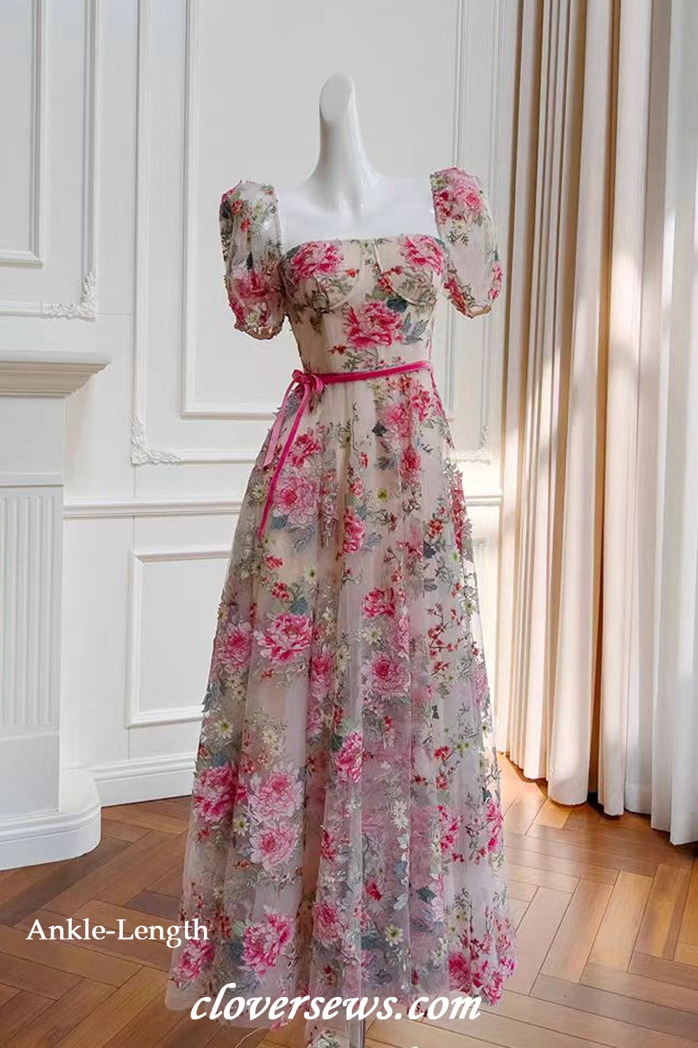 Rosy Floral Tulle Square Neck Short Sleeves A-line With Slit Spring Dr clover sew Rosy Floral Tulle Square Neck Short Sleeves A-line With Slit Spring Dr clover sew