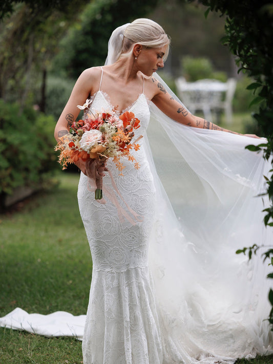 Rosy Lace Spaghetti Strap V-neck Mermaid Backless Wedding Dresses, CW0429
