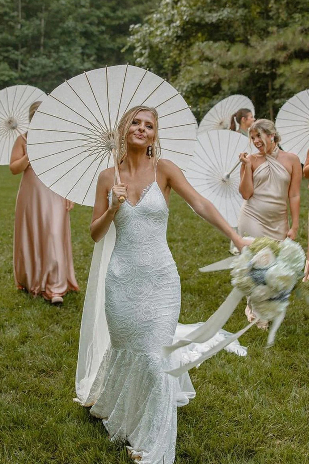 Rosy Lace Spaghetti Strap V-neck Mermaid Backless Wedding Dresses, CW0429
