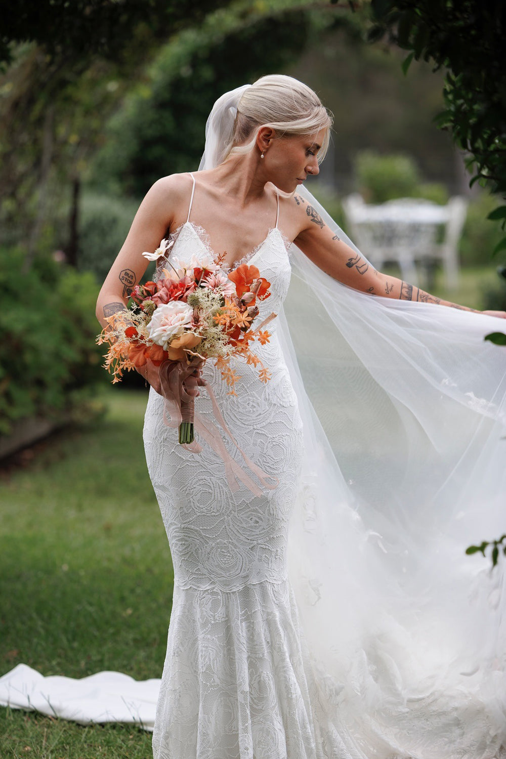 Rosy Lace Spaghetti Strap V-neck Mermaid Backless Wedding Dresses, CW0429