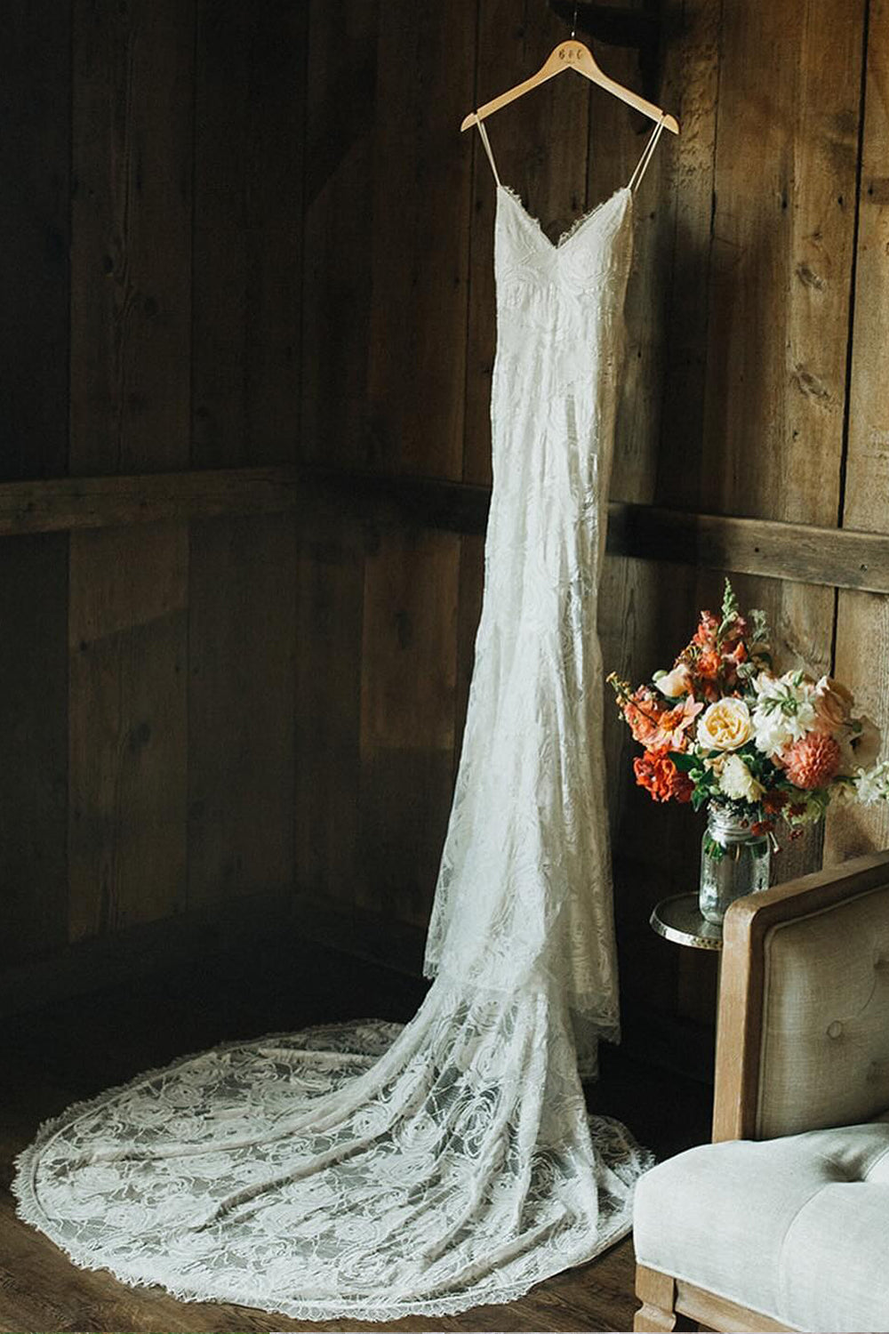 Rosy Lace Spaghetti Strap V-neck Mermaid Backless Wedding Dresses, CW0429