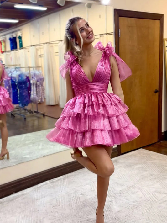 Rosy Pink Organza V-neck Sleeveless A-line Tiered Short Homecoming Dresses, CH0113
