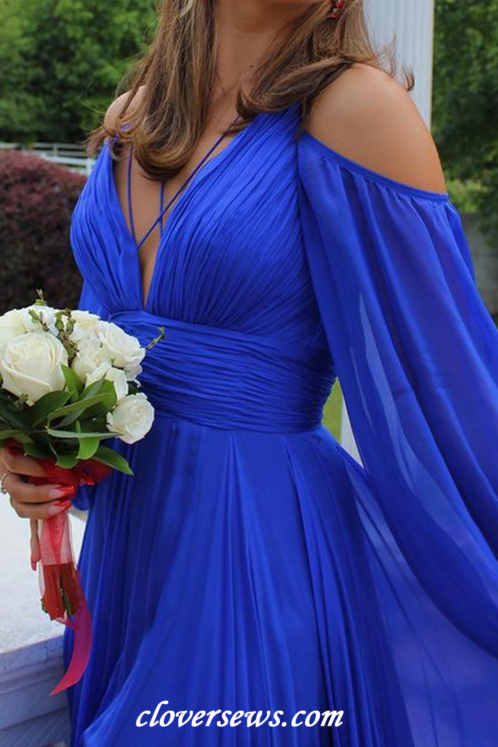 Royal Blue Chiffon Long Puffy Sleeves A-line Charming Prom Dresses, CP clover sew Royal Blue Chiffon Long Puffy Sleeves A-line Charming Prom Dresses, CP clover sew