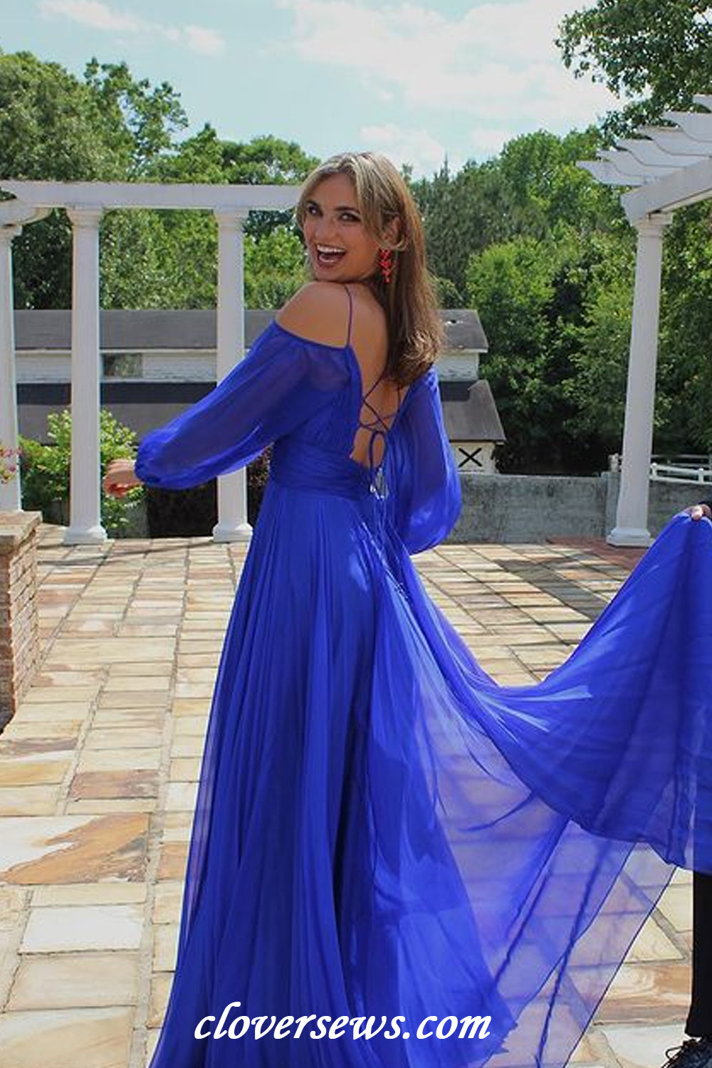 Royal Blue Chiffon Long Puffy Sleeves A-line Charming Prom Dresses, CP clover sew Royal Blue Chiffon Long Puffy Sleeves A-line Charming Prom Dresses, CP clover sew