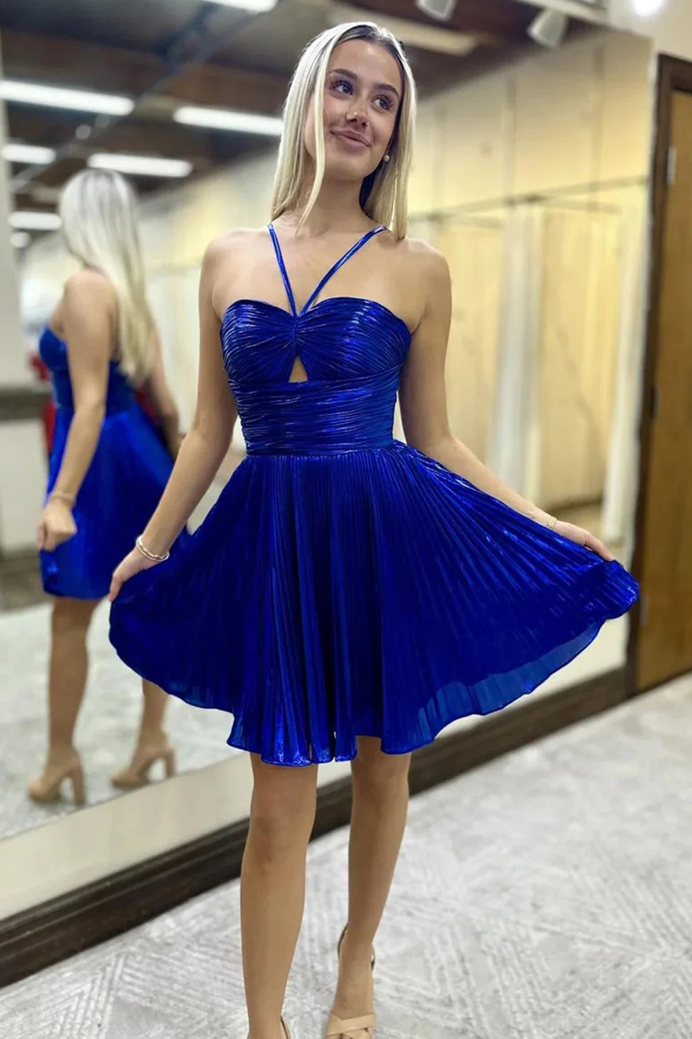 Royal Blue Pleating Spaghetti Strap A-line Mini Cocktail Party Homecoming Dresses, CH0097