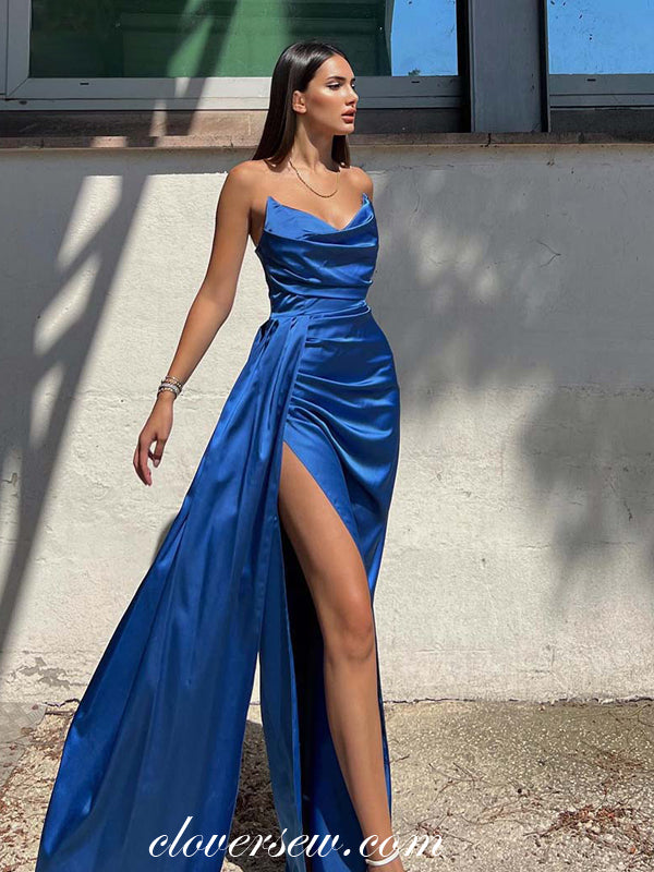 Royal Blue Satin V-neck Strapless High Slit Formal Dresses, CP1054