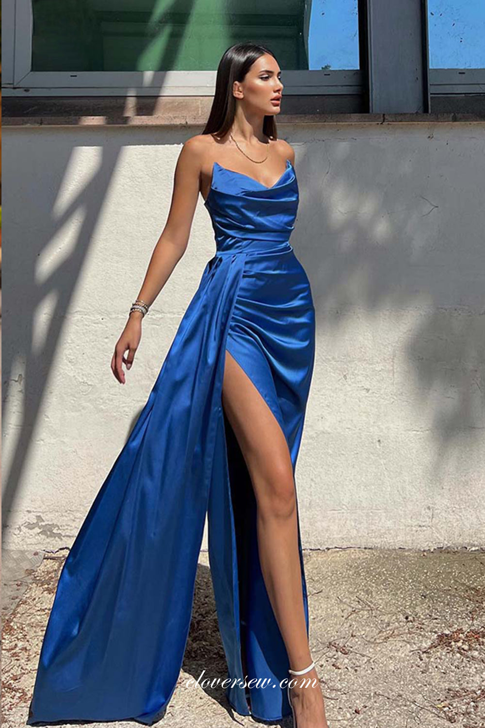 Royal Blue Satin V-neck Strapless High Slit Formal Dresses, CP1054 Royal Blue Satin V-neck Strapless High Slit Formal Dresses, CP1054